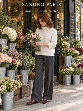 Sandro Paris Wool Turtleneck Sweater Estimated M Ivory Ribbed Trim Minimalist